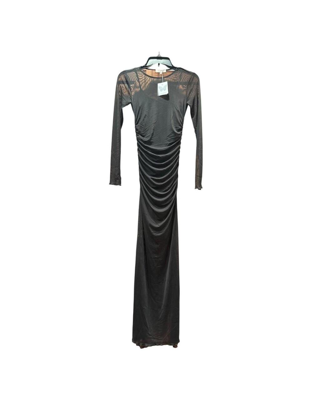NoComment Black Mesh Ruched Maxi Dress Small NWT Long Sleeve Goth Witchy Punk